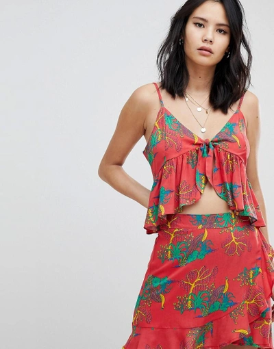 Shop Honey Punch Tie Front Camitop In Tropical Print Two-piece-red