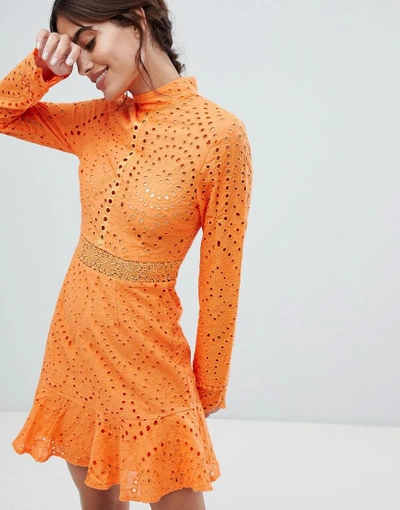 Shop Lioness High Neck Cutwork Lace Mini Skater Dress-orange