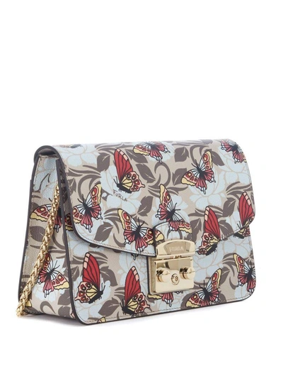 Shop Furla Metropolis Shoulder Vanilla Leather Bag With Butterflies In Multicolor
