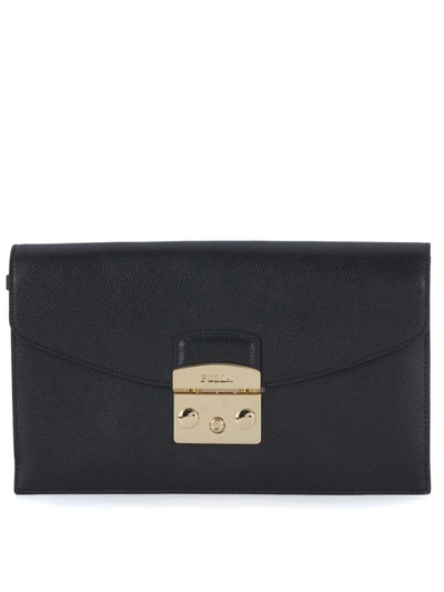 Shop Furla Metropolis Envelope Black Leather Pochette In Nero