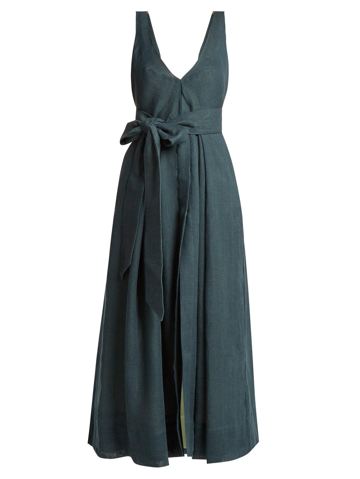 Kalita Poet By The Sea Tie Waist Linen Dress In Dark Green ModeSens