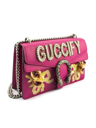 Shop Gucci Pink Leather Small Shoulder Bag With Fy Applique In Fuxia