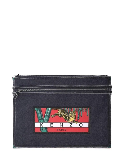 Shop Kenzo Clutch A4 Bamboo Tiger In Denim