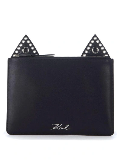 Shop Karl Lagerfeld Black Leather Envelope Bag, With Cat Ears And Metallic Stubs. In Nero