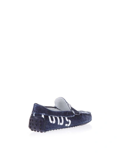 Shop Tod's Blu Denim Loafers With Logo Print