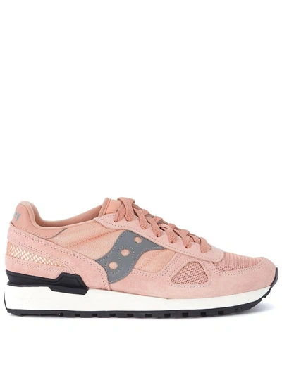 Shop Saucony Shadow Pink And Grey Suede And Mesh Sneaker In Rosa