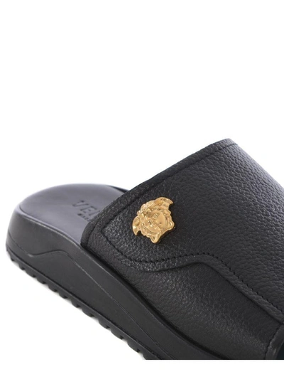 Shop Versace Logo Plaque Sliders In Nero