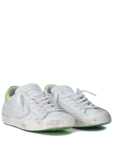 Shop Philippe Model Paris White And Fluo Green Leather Sneakers In Bianco