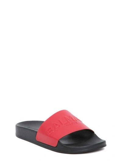 Shop Balmain Embossed Logo Sliders In Red