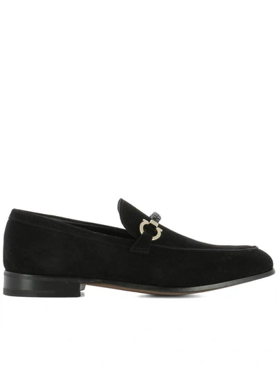 Shop Ferragamo Black Suede Cross Loafers