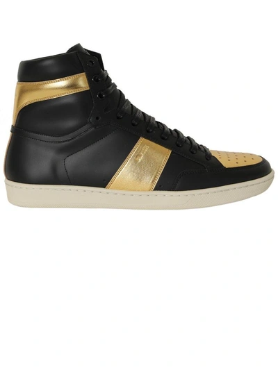 Shop Saint Laurent Black Gold Signature Court Classic High Sneakers