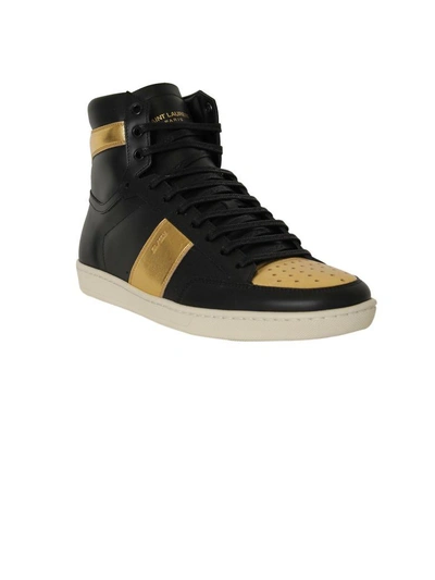 Shop Saint Laurent Black Gold Signature Court Classic High Sneakers