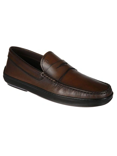 Shop Tod's Distressed Penny Loafers In Cocoa