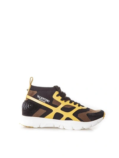 Shop Valentino Sound High Sneakers In Nylon & Leather In Brown-black-yellow