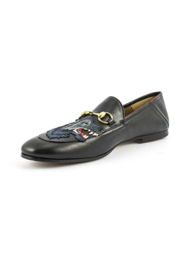 Shop Gucci Black Leather Loafer With Embroidered Wolf Head In Nero