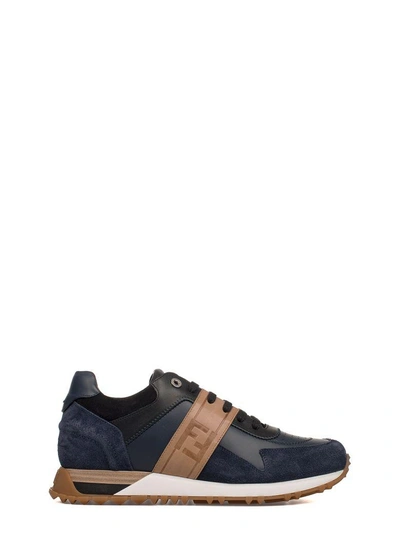 Shop Fendi Blue-black-camel Leather Sneakers In Blue - Black