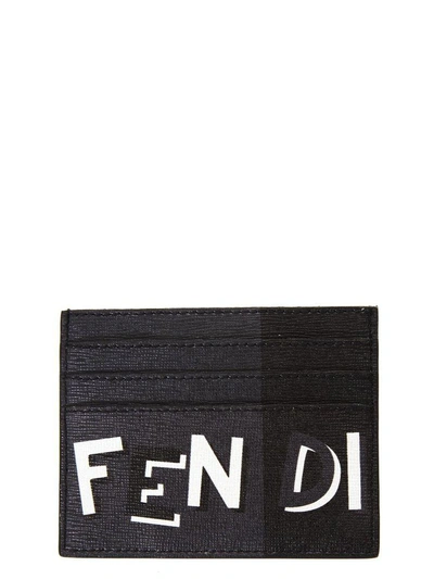 Shop Fendi Black Leather Card Holder With Logo In Asphalt
