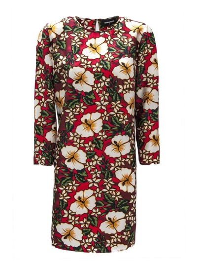Shop Dsquared2 Red Silk Dress With Floral Print In Fantasia