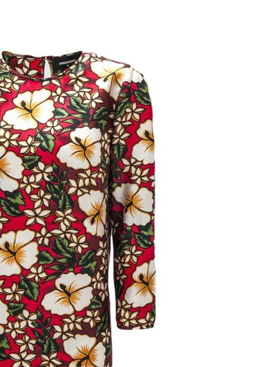 Shop Dsquared2 Red Silk Dress With Floral Print In Fantasia