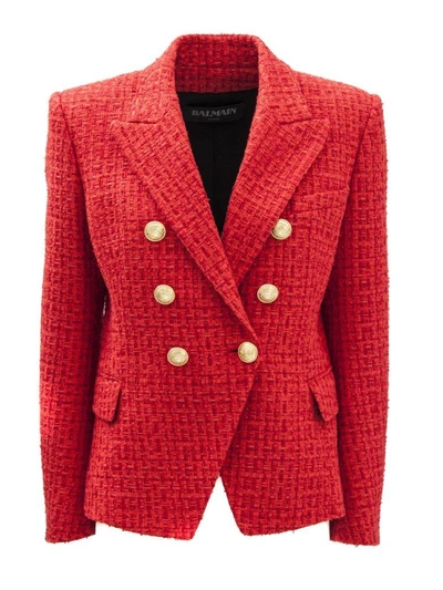 Shop Balmain Double Breasted Red Jacket. In Rosso