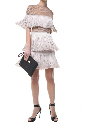 Shop Vatanika Design Fringed Stretch-crepe And Mesh Mini Dress In Beige