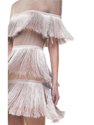 Shop Vatanika Design Fringed Stretch-crepe And Mesh Mini Dress In Beige