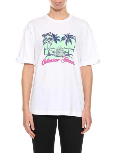 Shop Fendi Colosseo Beach Embroidered T-shirt In Bianco