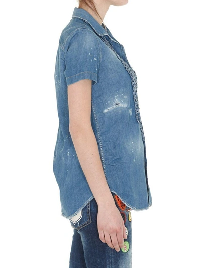 Shop Dsquared2 Ruffle Detail Denim Shirt In Blue