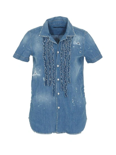 Shop Dsquared2 Ruffle Detail Denim Shirt In Blue