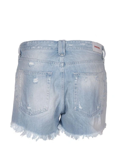 Shop Diesel Fringed Denim Shorts In Light Blue