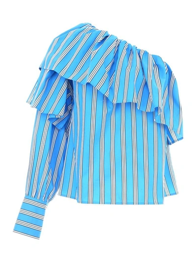 Shop Msgm Striped Cotton Top In Azzurro (light Blue)
