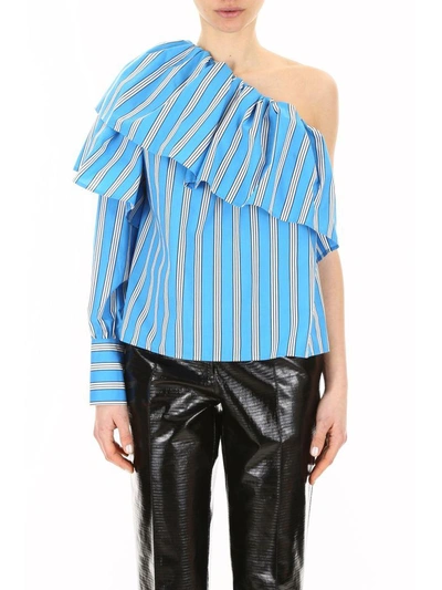 Shop Msgm Striped Cotton Top In Azzurro (light Blue)