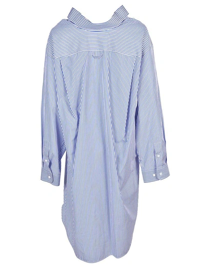 Shop Balenciaga Striped Swing Collar Shirt Dress In Blue