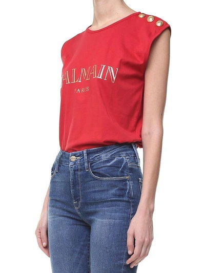 Shop Balmain Logo-print Cotton-jersey Tank Top In Rosso