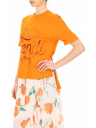 Shop Fendi Embroidered Cotton T-shirt In Happiness|arancio