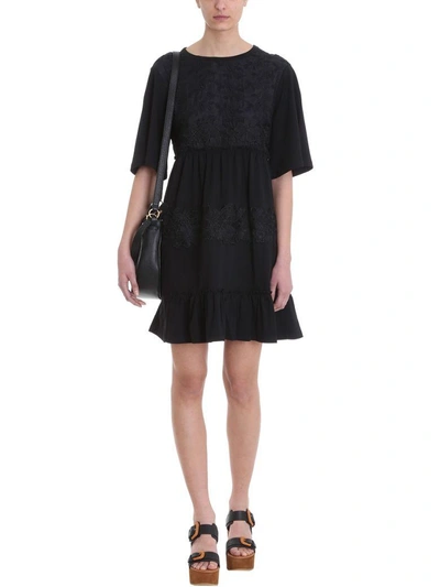 Shop See By Chloé Lace Embellished Short-sleeved Dress In Black