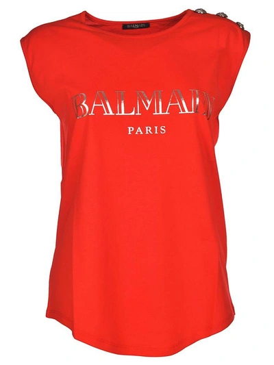 Shop Balmain Button-embellished Logo Top In Red