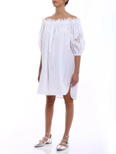 Shop Ermanno Scervino Lace Trip Off Shoulder Dress In White