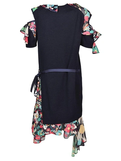 Shop Sacai Ruffle-trimmed Knit Dress In Blue