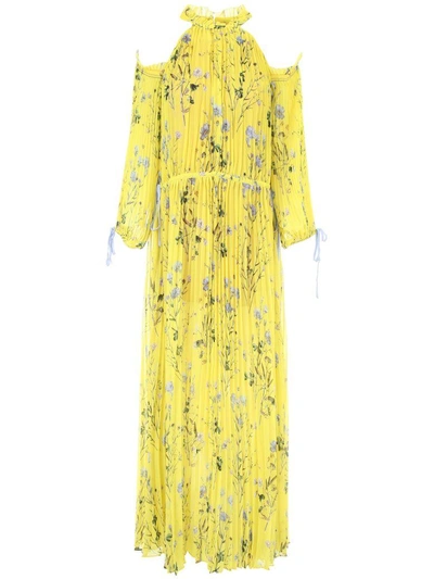 Shop Self-portrait Long Pleated Floral Dress In Yellowgiallo