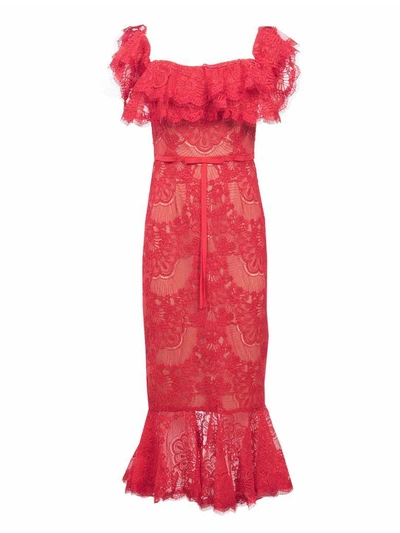 Shop Marchesa Lace-embroidered Midi Dress In Red