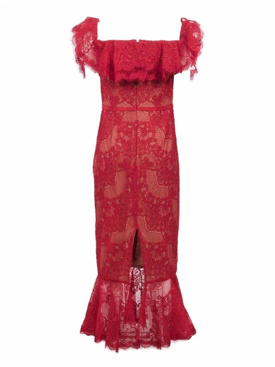 Shop Marchesa Lace-embroidered Midi Dress In Red