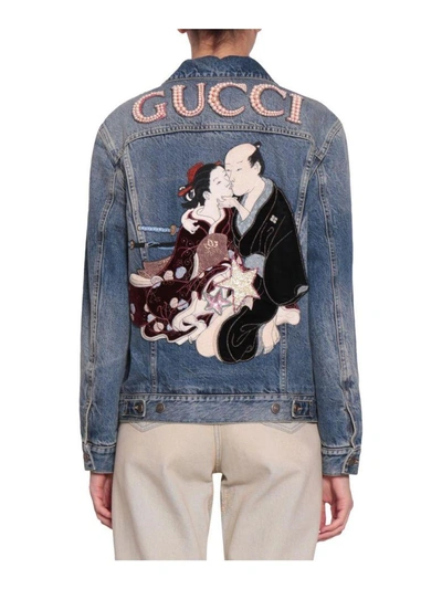 Shop Gucci Cotton Denim Embroidered Jacket In Blu