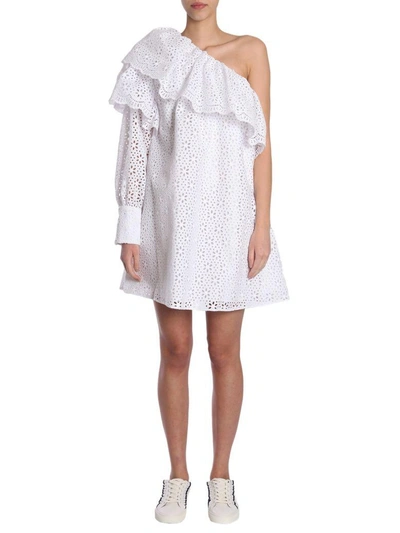 Shop Msgm Sangallo Lace Mono Shoulder Dress In Bianco