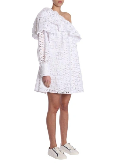 Shop Msgm Sangallo Lace Mono Shoulder Dress In Bianco