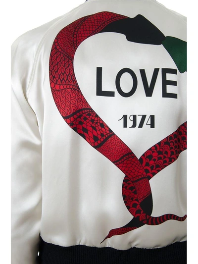 Shop Saint Laurent Love 1974 Printed Ivory Satin Bomber Jacket