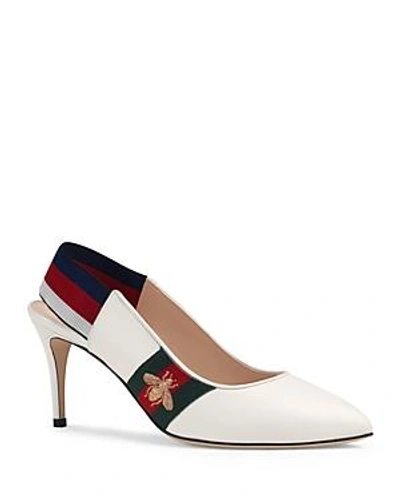 Shop Gucci Women's Sylvie Leather Web Mid Heel Slingback Pumps In White