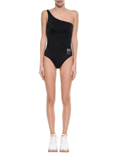 Shop Msgm One Shoulder Swimming Suit In Nero