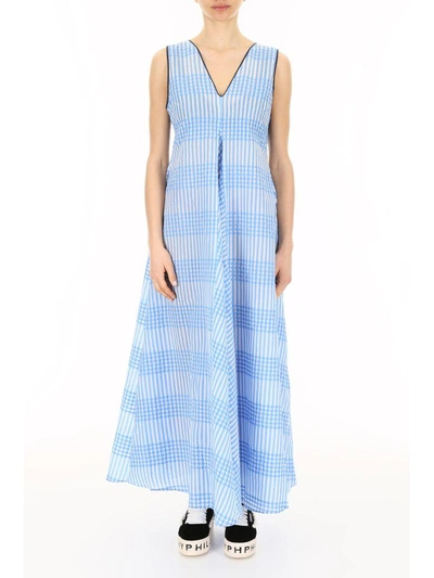 Ganni Charron Checked Cotton-blend Seersucker Maxi Dress In Marina, Blue |  ModeSens