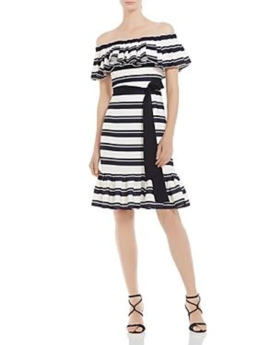 Shop Halston Heritage Striped Off-the-shoulder Dress In Black/ Cream Stripe